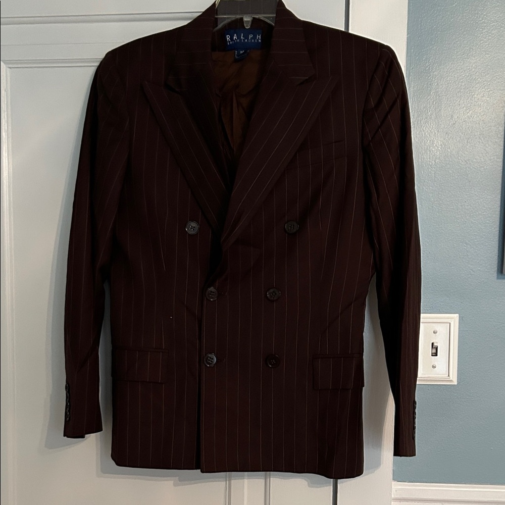 RALPH Ralph Lauren chocolate brown pinstripe double breasted blazer